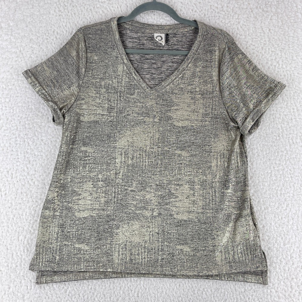 Akemi + Kin Gold Metallic Short Sleeve V-Neck Shirt Womens Pullover Size Medium‎